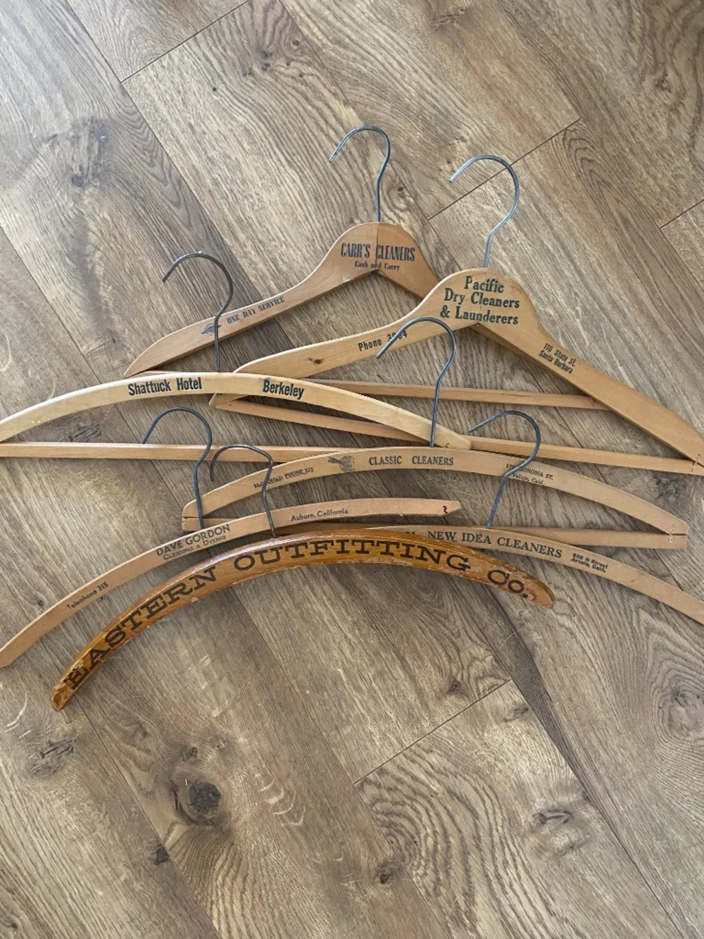 Vintage California Advertising Wood Hanger Lot 7 Hotel Cleaners Stores